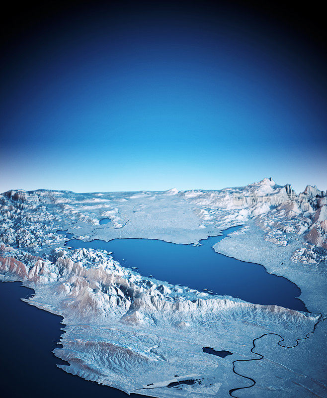 湖Skadar 3D渲染卫星视图地形图垂直蓝色